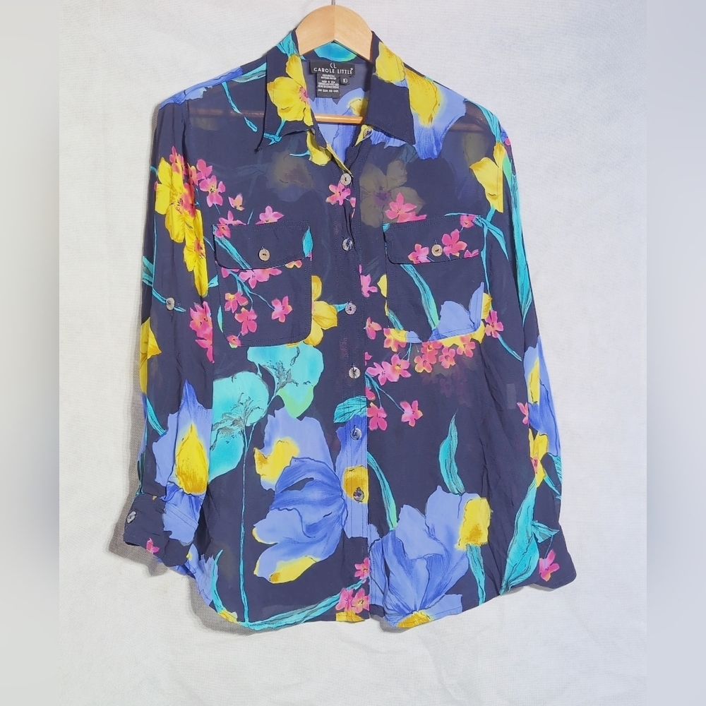 Vintage Carol Little See Thru Sz 10 Floral Button-Up Shirt